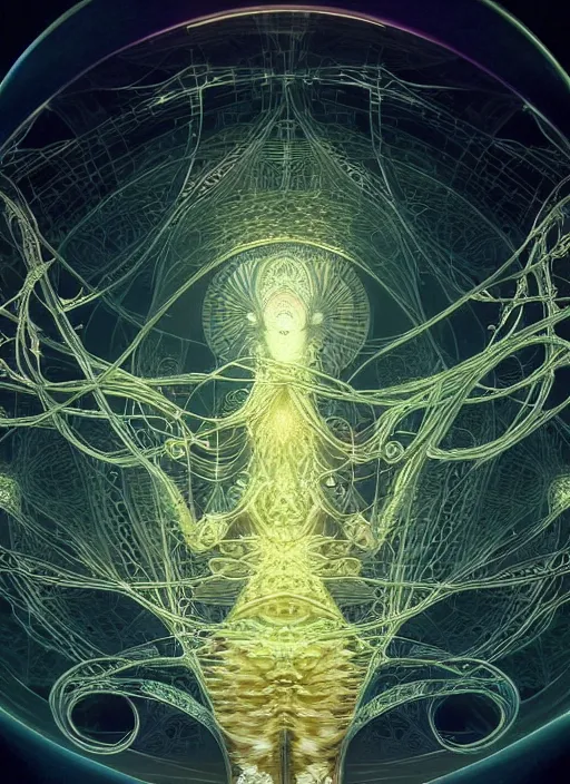 Image similar to macro, fractals!! calm, healing, resting, life, hybrids, scifi, glowing lights!! intricate elegant, highly detailed, volumetric, smoke, digital photograph, artstation, concept art, smooth, sharp focus, thin glowing wires, illustration, art by greg rutkowski and alphonse mucha, singularity!!!, 3 6 0 capture