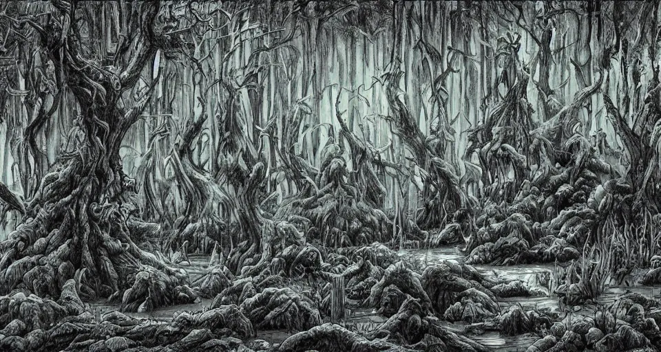 Image similar to A dense and dark enchanted forest with a swamp, by Akira Toriyama