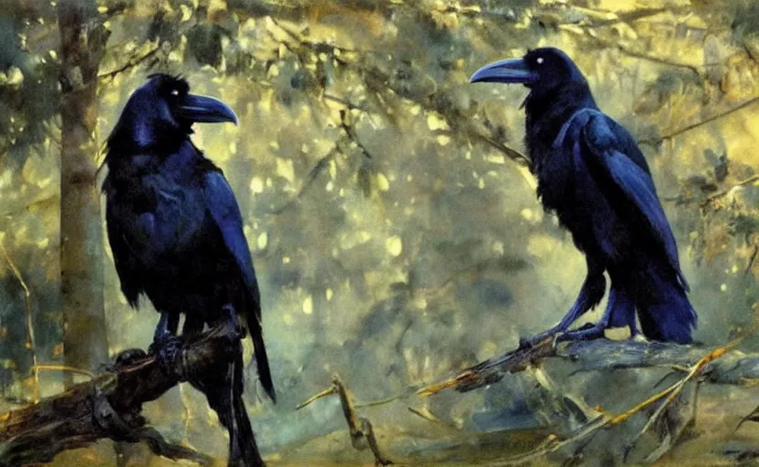 Prompt: oil painting by anders zorn, raven in forest, very very very very beautiful art, dramatic light, strong shadows, shiny blue black feathers, amber eyes, glowing