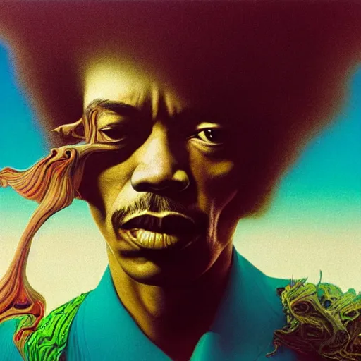 Image similar to ultrawide angle colour masterpiece surreal closeup portrait photography of jimi hendrix playing on stage by miho hirano and annie leibovitz and michael cheval, weird surreal epic psychedelic complex biomorphic 3 d fractal landscape in background by kilian eng and roger dean and salvador dali and beksinski, 8 k