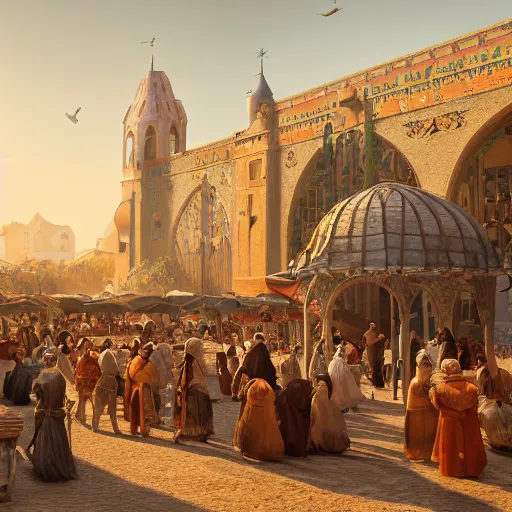 Image similar to a movimented medieval market painted by jan baptist huysmans, adorned architecture, birds, nature, middle east, epic painting, cgsociety, sand, beautiful, camel, semirealism, artstation, volumetric light, octane render, sharpness, 8 k, golden ratio