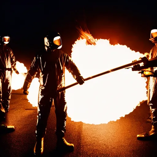 Prompt: men in reflective mylar suits holding flamethrowers, shooting at dark silhouetted aliens, cinematic still