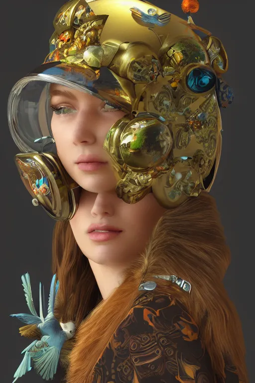 Prompt: cyber helmet 3 d render of english princess holding birds, ornaments, mucha vibe, dieselpunk, solarpunk, artstation, andrei riabovitchev