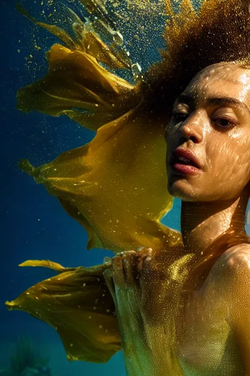 Prompt: hyperrealistic metamodern cinematic half underwater scene with fish and algae, very expressive! translucent elegant african goddess getting out of water, gold jewerly, highly detailed face, digital art masterpiece, aykut aydogdu zener, dramatic volumetric light, long shot, low angle uhd 8 k, sharp focus