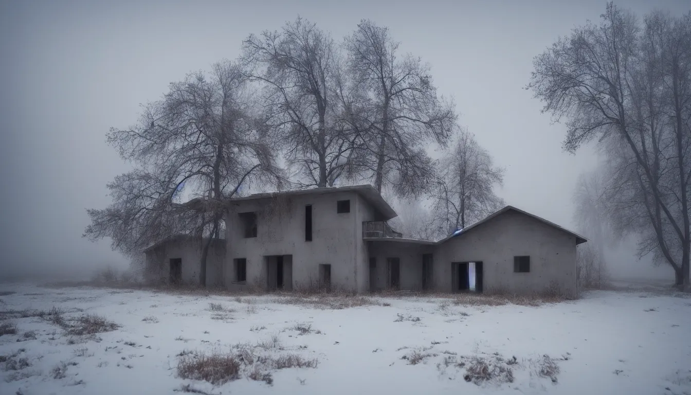 Image similar to russian style concrete house, abandoned, lifeless, winter, foggy blizzard, atmospheric, mystical, very detailed 4 k