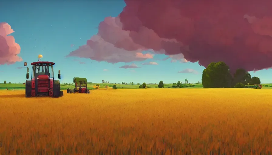 Image similar to colourful sky, wheat field, tractors, big trees, matte painting, art station, digital art, simon stalenhag