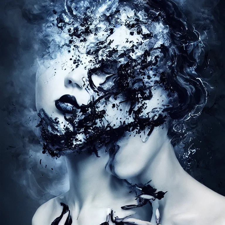 Image similar to 3 d, white and black smoke, sun rays, confident fashion model, sweat skin, liquid black metal, black roses, poster art, high detail, intricate oil painting, multiple exposure, deep blue mood, hyperrealism, 3 d, by tooth wu and wlop and beeple and greg rutkowski