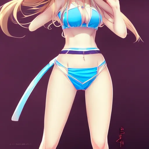 Image similar to a very beautiful mature yuuki asuna, full body, long wavy blond hair, sky blue eyes, full round face, bikini, miniskirt, front view, mid - shot, cute pose, highly detailed, cinematic wallpaper by stanley artgerm lau