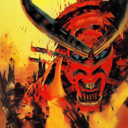 Image similar to samurai mask on hell by by john berkey and mario feng