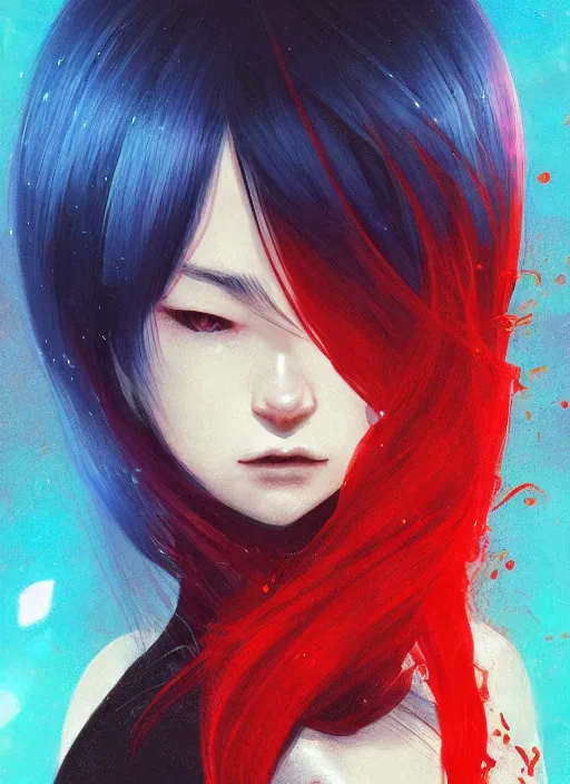 Image similar to red water swirling around rimuru tempest crying, enveloped in ghosts, sky blue straight hair, bangs, with amber eyes, black jacket, high collar, ultra fine detaile, dark theme, digital painting, psychedelic, cinematic, wlop, pixiv, ilya kuvshinov, ross tran