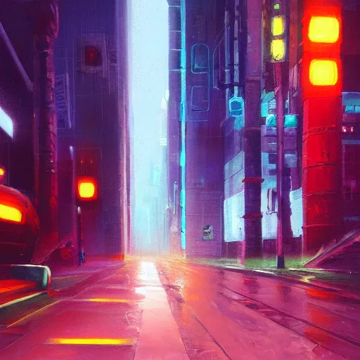 Image similar to car light far away on the cyberpunk street, future, old oil painting