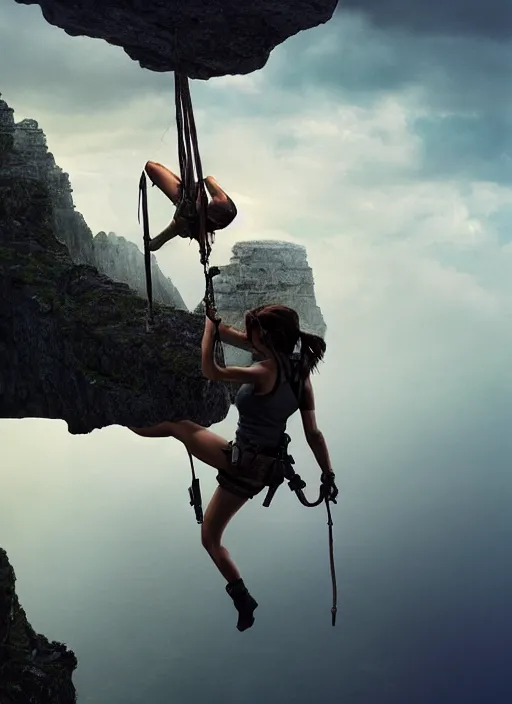 Prompt: close-up portrait action shot of Lara Croft hanging from a cliff ridge, Les Edwards, Zdzislaw Beksinski, Carl Gustav Carus, John Harris, Michal Karcz, Zhang Kechun, Mikko Lagerstedt, Scott Listfield, Steven Outram, Jessica Rossier