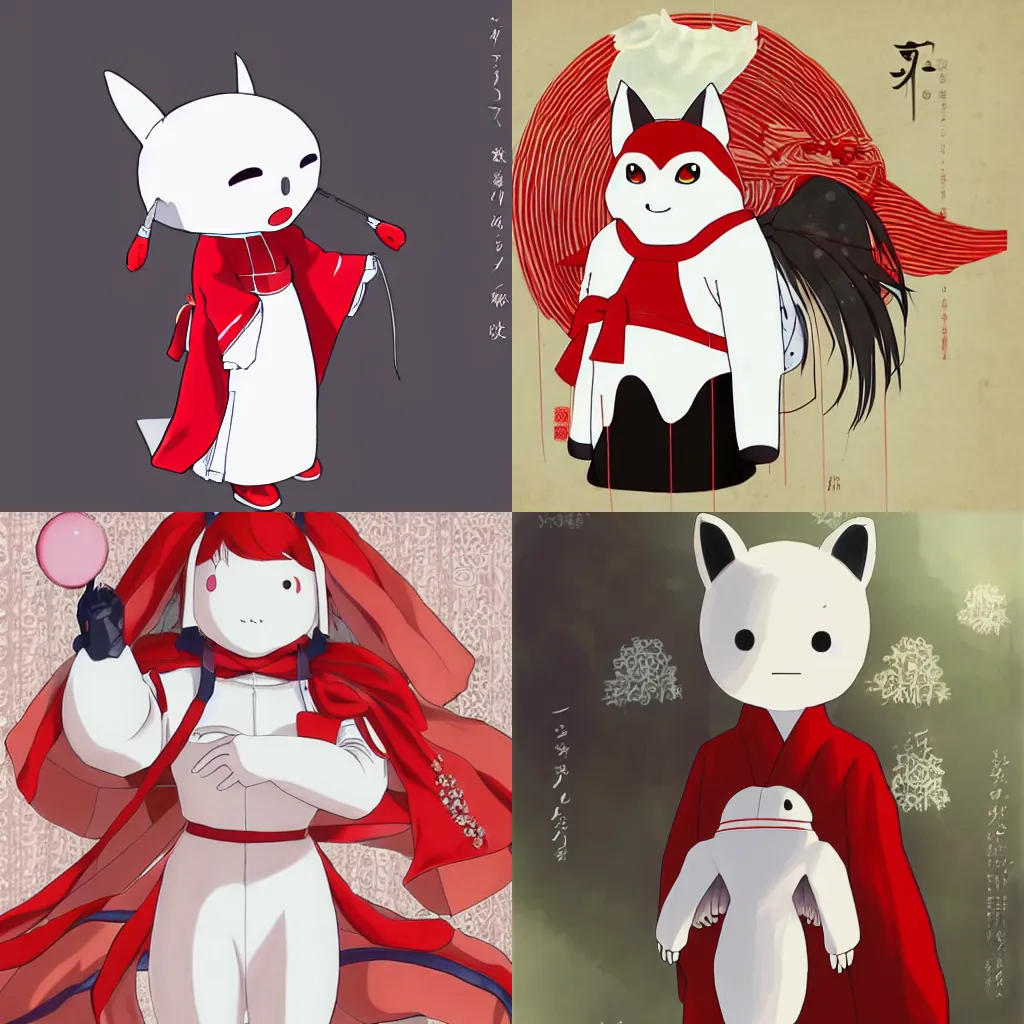 Prompt: Anime Illustration, pixiv, a Baymax and a fox-eared girl dressed in traditional Japanese white and red