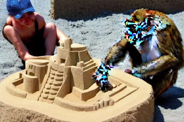 Image similar to a monkey touching a completed sand castle