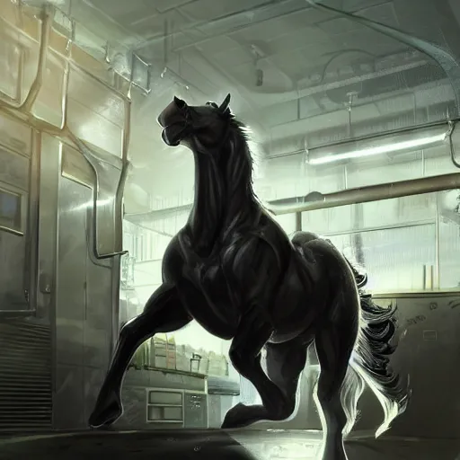 Image similar to splash art of a hulking muscular black - coated anthropomorphic horse supersoldier in a research facility wearing a combat kevlar outfit, highly detailed, furry, furaffinity, exaggeratedly buff physique, digital painting, artstation, illustration, art by artgerm, greg rutkowski, sakimichan