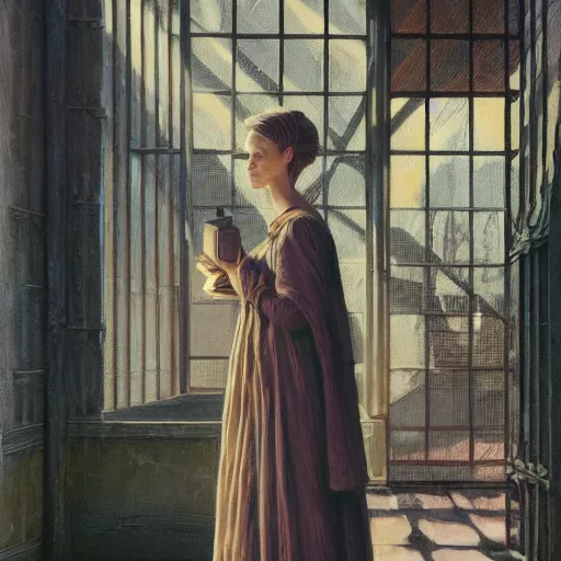 Image similar to detailed face of an intelligent cloaked scholarly woman with kind eyes in a architectonic victorian courtyard at a science expo, atmospheric, ambient, pj crook, syd mead, livia prima, artgerm, greg rutkowski, nick alm, casey baugh