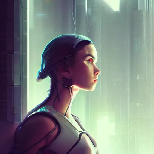 Image similar to portrait of cyberpunk woman looking out of a window, cyberpunk setting, futuristic, highly detailed, intricate lighting, digital painting, sharp focus, illustration, trending on artstation, art by artgerm.
