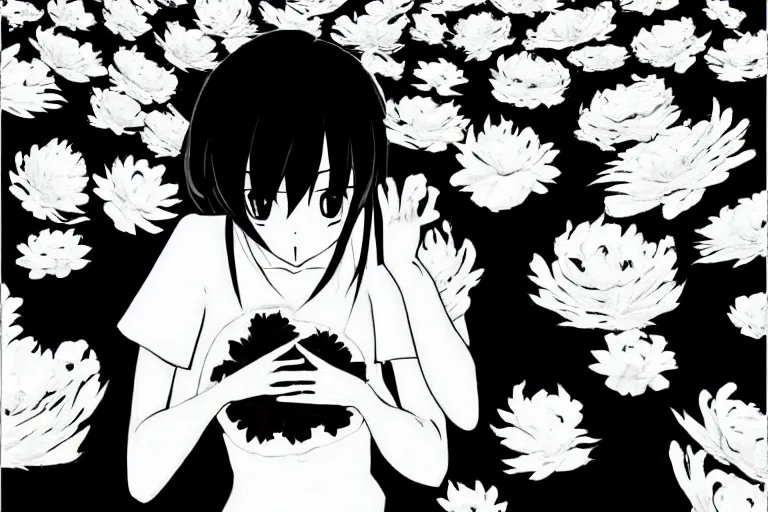 Image similar to “Extremely distraught black and white anime girl dramatically ugly crying with flowers petals being blown around her by a violent wind, black and white”