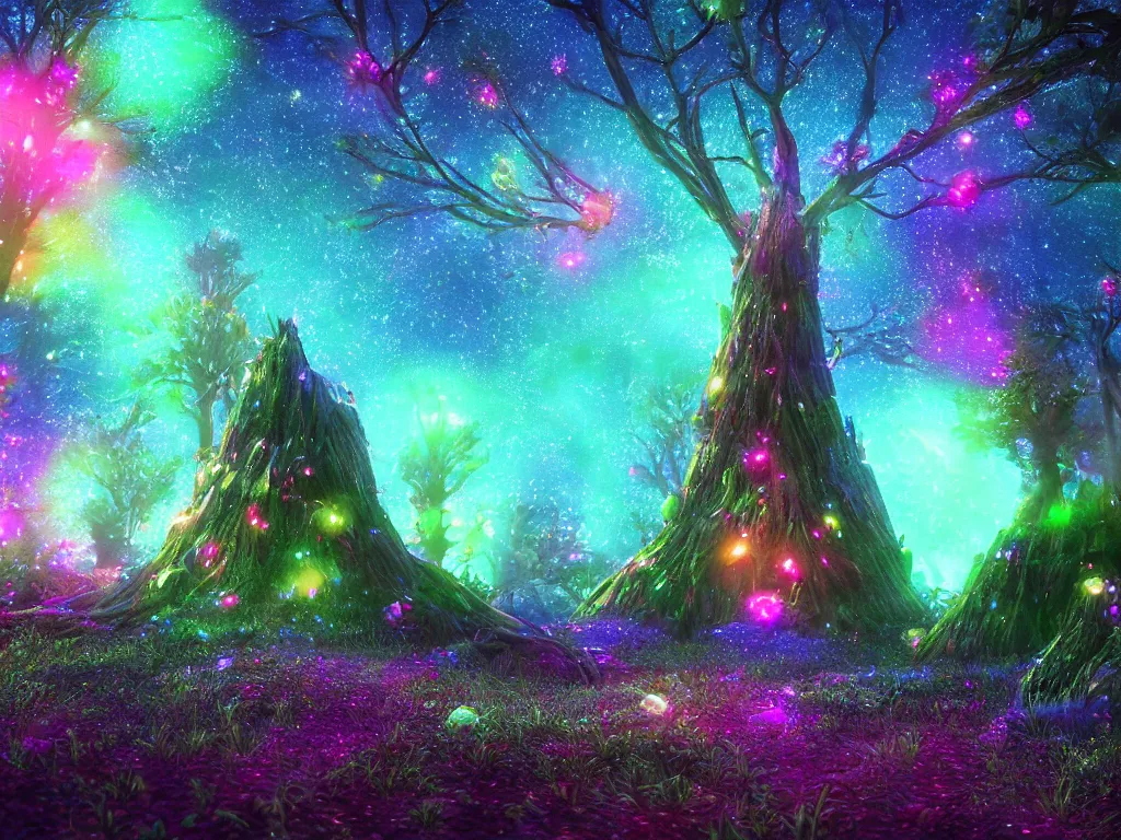 Prompt: a magical glowing tree with starry dusted light, deep color, fantasy art, by beeple and pixar and avatar vivid glowing colors, dark night, reflective ground of microscopic gems and grass, extreme detail, studio ghibli and pixar and abzu, rendering, cryengine, deep colors, deep lush vivid colors, vray render, cgsociety