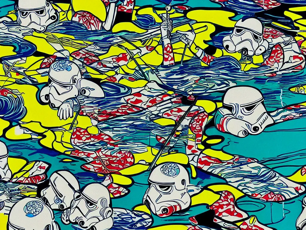 Image similar to hyperdetailed close - up image of a japanese house with a pond, stormtroopers sitting around it, in style of pop - art, andy warhol, roy lichtenstein, jackie tsai, bright palette, acrylic on canvas