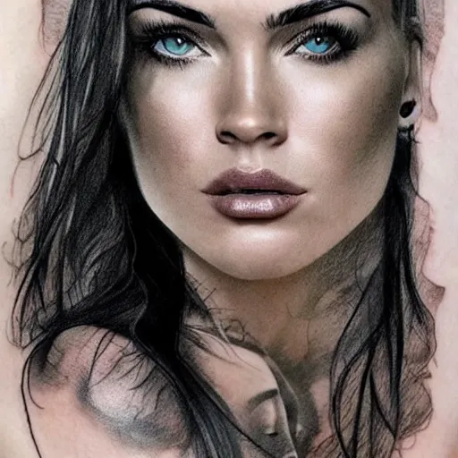 Image similar to realistic tattoo sketch of megan fox face double exposure with a mountain scenery, in the style of matteo pasqualin, amazing detail, sharp