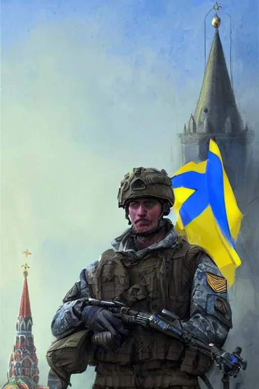 Image similar to special forces soldier raising ukrainian blue and yellow flag, kremlin st. basil cathedral in the background, masculine figure, d & d, fantasy, bright atmosphere, volumetric lights, intricate, elegant, extremely detailed, digital painting, artstation, concept art, matte, smooth, sharp focus, hyper realistic, illustration, art by artgerm and greg rutkowski and alphonse mucha