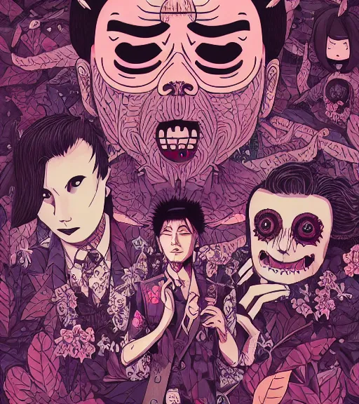 Image similar to portrait, nightmare anomalies, leaves with yakuza by miyazaki, violet and pink and white palette, illustration, kenneth blom, mental alchemy, james jean, pablo amaringo, naudline pierre, contemporary art, hyper detailed