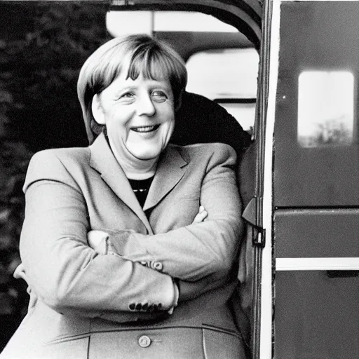 Image similar to Angela Merkel as a dirty truck driver, 35mm, photorealistic