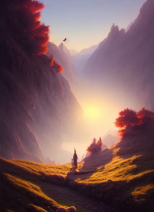 Image similar to spring mornings in the low - poly hills, diffuse lighting, fantasy, intricate, surrealism!!!!, highly detailed, lifelike, photorealistic, digital painting, artstation, illustration, concept art, smooth, sharp focus, by greg rutkowski, chris tulloch mccabe, valentina remenar and asher duran,