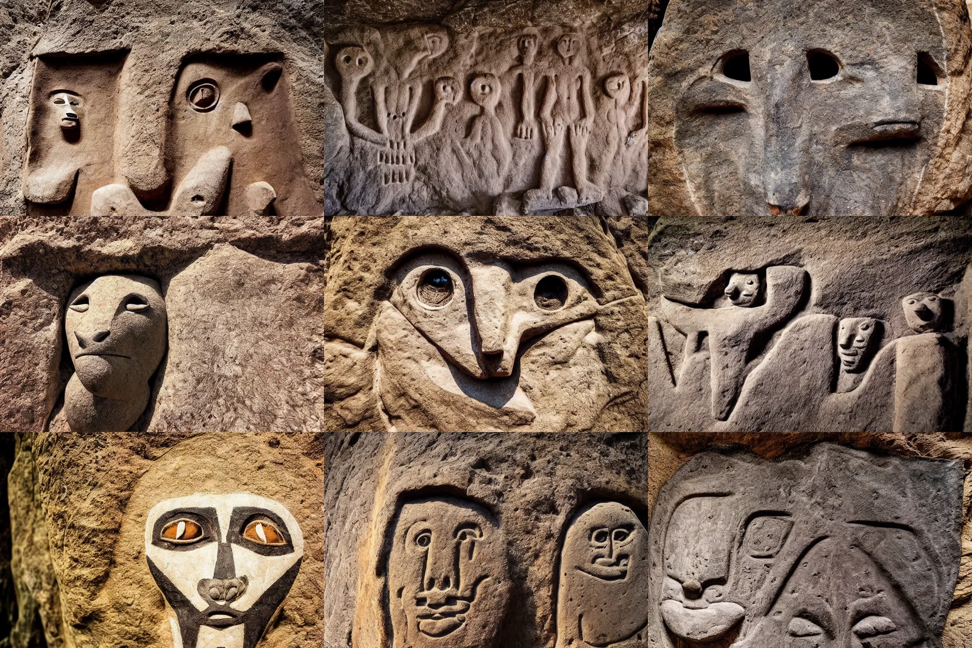 Prompt: archeological photo of the primitive ancient portraits of furries, rock art drawings, cave drawings, symmetrical, cinematic, real dlsr photography, sharp focus, 4 k, ultra hd, sense of awe, archeology journal cover