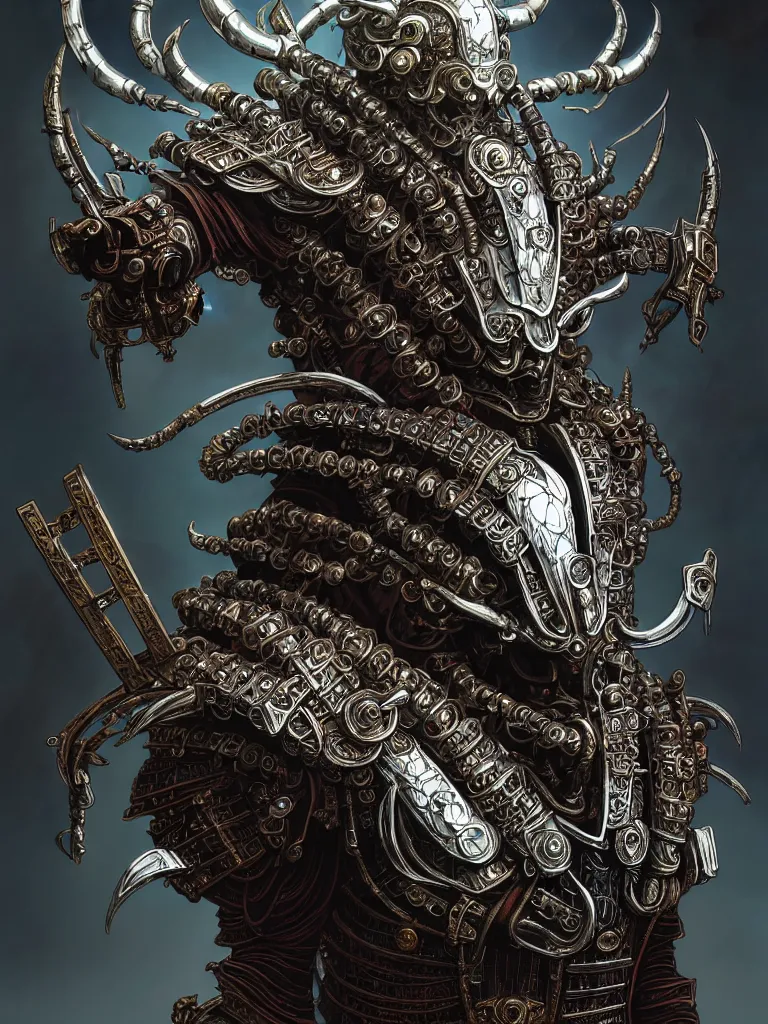 Image similar to asura from chinese myth, ancient japanese samurai, luxurious armor mixed with leather and metal, gothic diablo art, rococo art, cyberpunk, mecha, halfturn portrait of a big crystal face made of crystals half - turn, ominous, intricate, studio, art by anthony macbain + greg rutkowski + alphonse mucha, concept art, 4 k, sharp focus