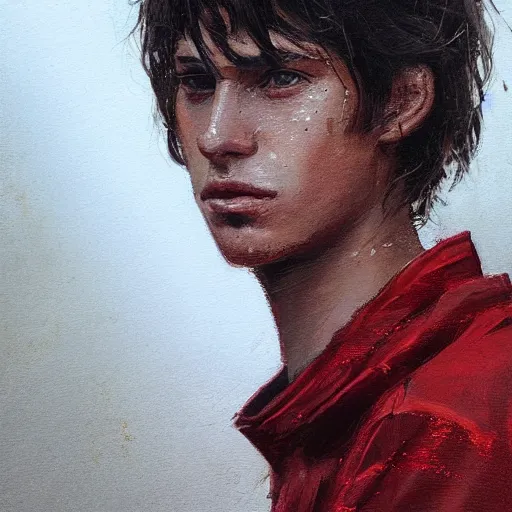 Image similar to Portrait of a man by Greg Rutkowski, he is about 20 years old, french features, attractive, short brown hair with bangs, athletic and strong, gallant, childhood friend vibes, he is wearing red and black utilitarian jumpsuit, highly detailed portrait, digital painting, artstation, concept art, smooth, sharp foccus ilustration, Artstation HQ.