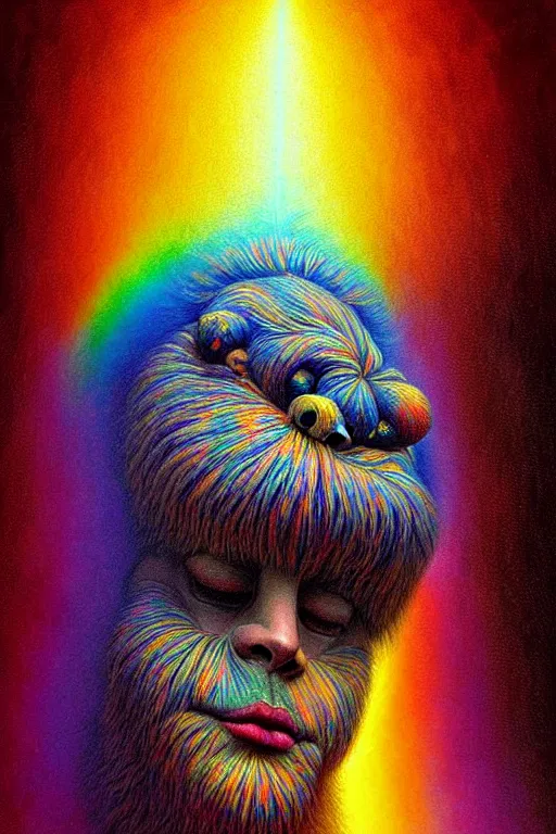 Image similar to hyperrealistic close-up baroque psychedelic!! celestial organic happy fluffy monster!! peaceful kind spirit of nature highly detailed concept art eric zener elson peter cinematic hard rainbow lighting high angle hd 8k sharp shallow depth of field, inspired by Zdzisław Beksiński