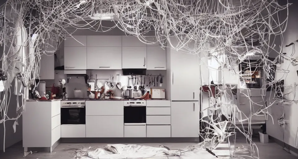 Image similar to IKEA catalogue photo of a futuristic kitchen on a spaceship, by Chiharu Shiota