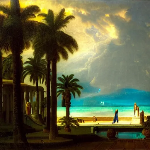 Image similar to The biggest palace ever made, thunderstorm, greek pool, beach and palm trees on the background major arcana sky, by paul delaroche, hyperrealistic 8k, very detailed