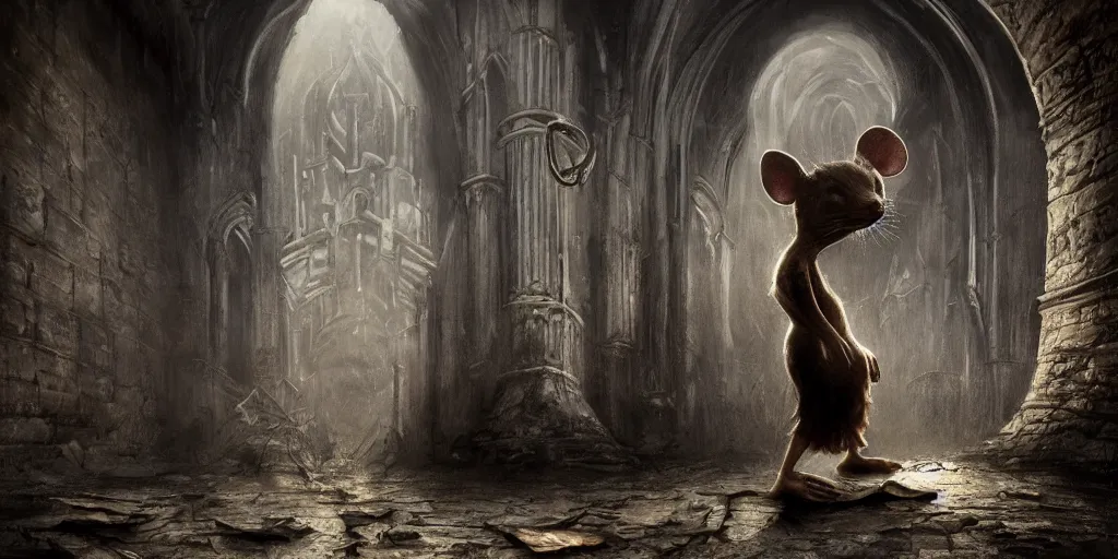 Prompt: cursed anthropomorphic mouse in the sewers by Gerald Brom, concept art, fantasy, gothic cathedral, light through the mist, dramatic lighting, photorealistic, cinematic lighting, high detail, cinematic feel, high octane, 4K, Unreal Engine, digital render, intricate, ultra realistic, crepuscular ray, low angle, superwide shot, lunapunk