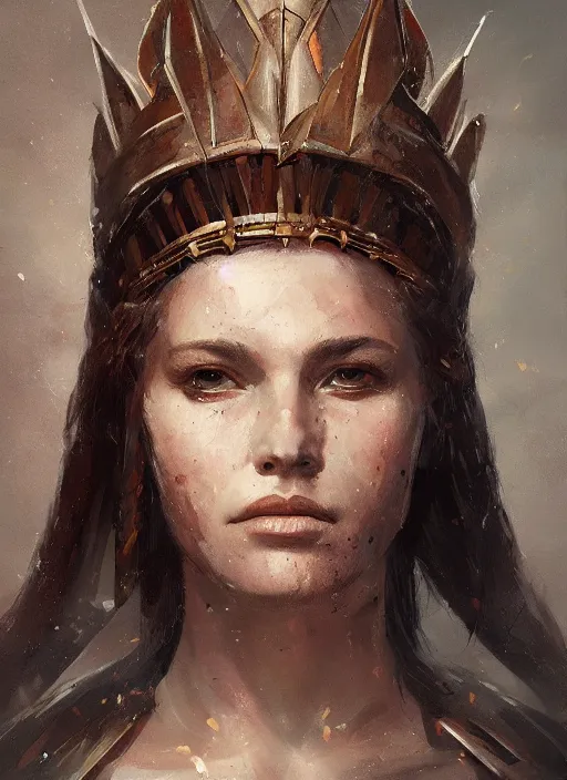 Prompt: A portrait painting of a beautiful warrior queen in the style of Greg Rutkowski, in style of Charles Sillem Lidderdale, artstation, high quality art