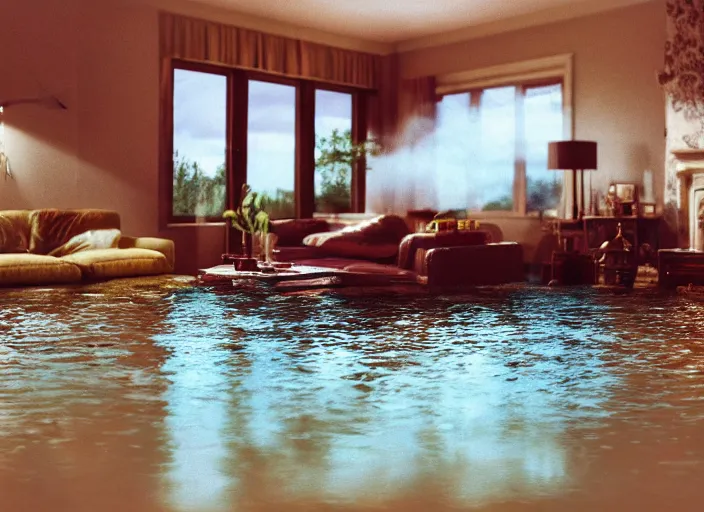 Image similar to kodak portra 4 0 0 photographic and realistic, 8 0 s living room, detailed, octane render, 4 k, hyper realistic, floor flooded, how river, wide angle, 2 8 mm, sharp focus, soft light, volumetric light fog, in the style of gregory crewdson