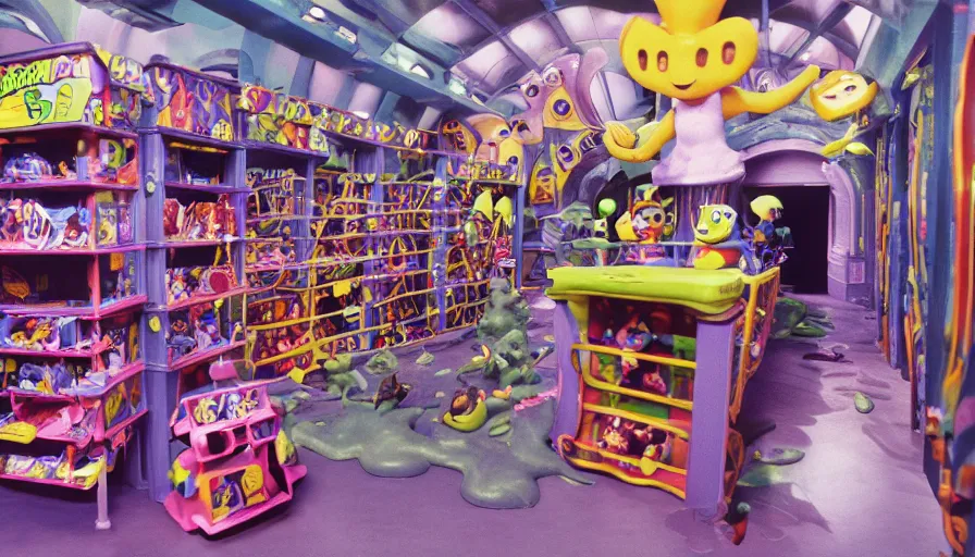 Prompt: 1990s photo of inside the Nickelodeon Blockbuster Gameboy Slime Show ride at Universal Studios in Orlando, Florida, children riding a VHS tape through a Blockbuster Kaybee toy store filled with beanie babies and a big Furby, cinematic, UHD