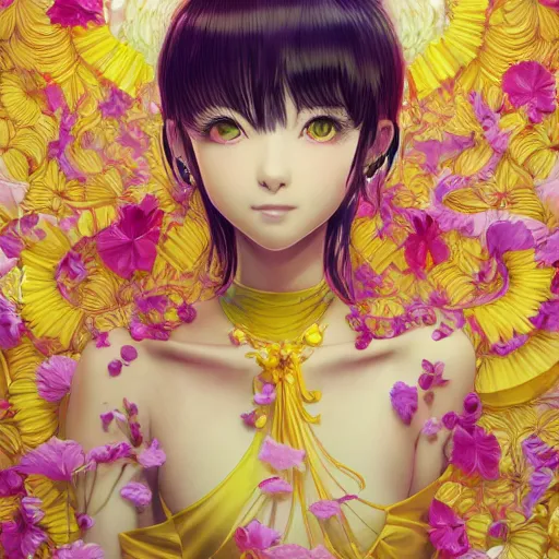 Prompt: the portrait of an absurdly beautiful, graceful, and elegant anime woman made of bananas and petals, an ultrafine detailed illustration by kim jung gi, irakli nadar, rossdraws, intricate linework, bright colors, final fantasy, behance contest winner, angular, unreal engine 5 highly rendered, global illumination, radiant light, detailed and intricate environment