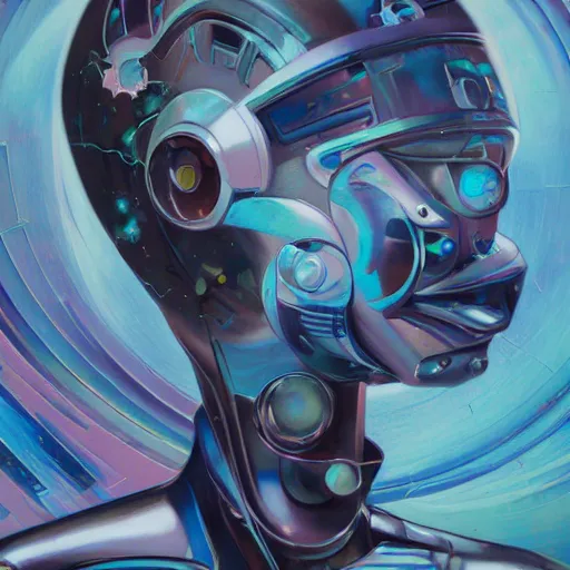 Image similar to scifi futurism automaton minimalism chrome by peter mohrbacher art Hajime Sorayama airbrush hyperrealism model abstract shatter fragments cubism futurism pastel blue soft flat minimal minimalism portrait face jackson pollock ukiyo-e lithograph mark ruthko swirl escape noise shimmer glow paint