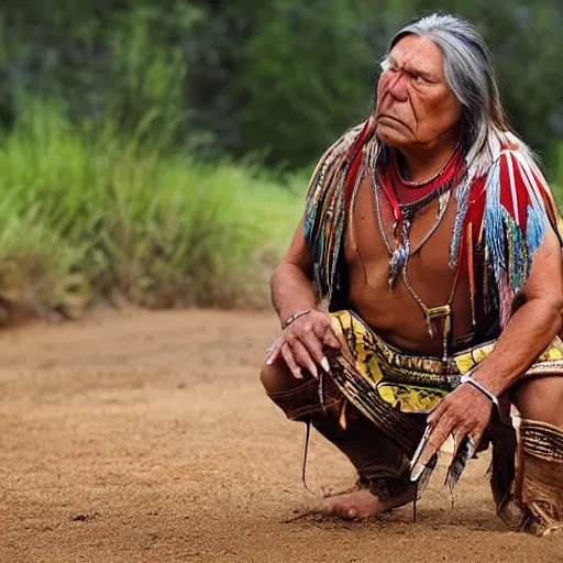 Prompt: native american kneeling down looking at the ground, looks like pixar movie, detailed