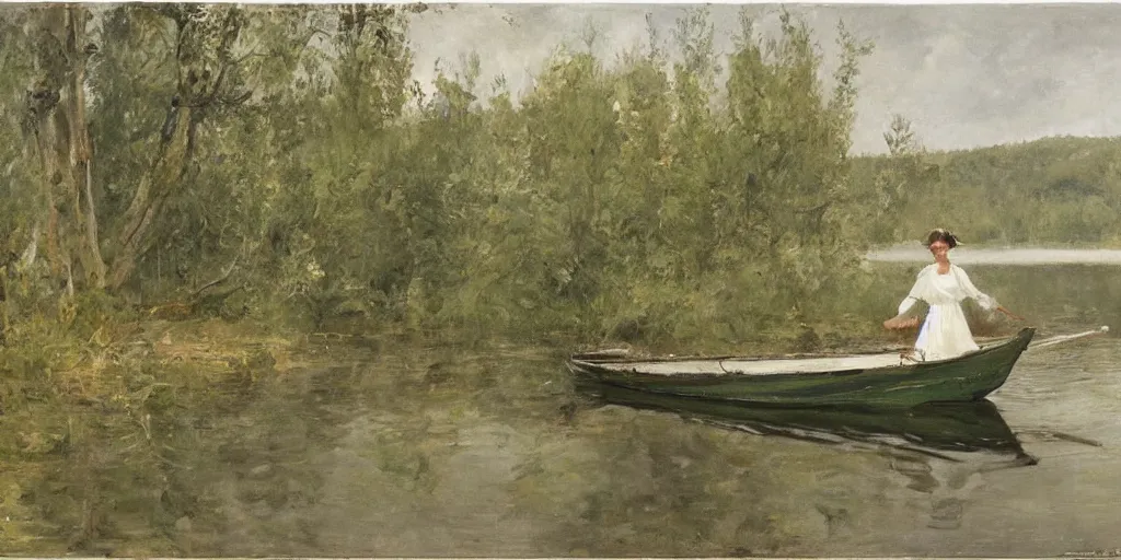 Prompt: a woman wearing a white dress in a row boat on a calm lake with a forest in the background, in the style of anders zorn