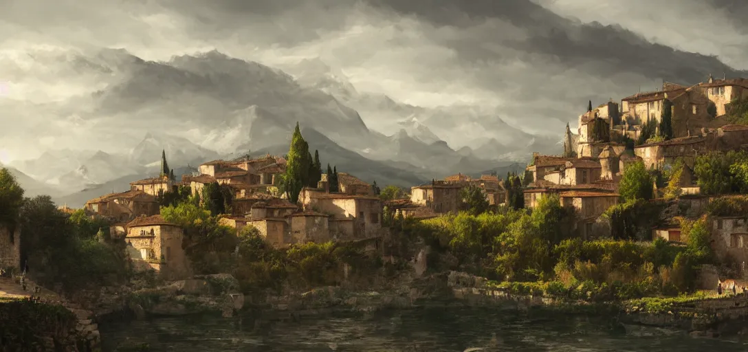 Image similar to lourmarin, landscape, alex ross, eddie mendoza, raphael lacoste, sebastian ludke, concept art, matte painting, highly detailed, rule of thirds, dynamic lighting, cinematic, detailed, magnificiant landscape, denoised, centerd