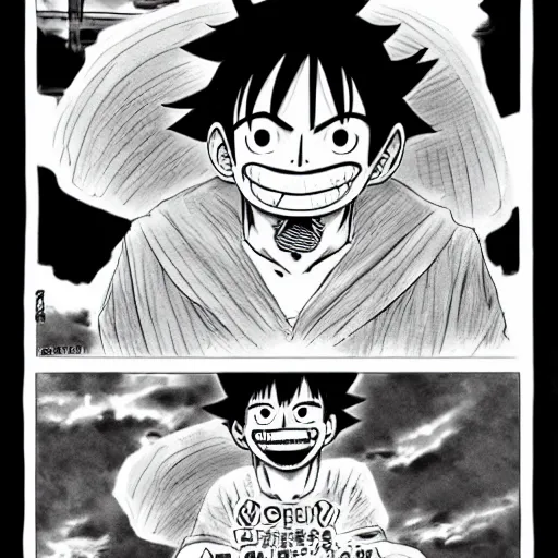 Image similar to [ luffy mustache ] ( by kim jung gi ) ( by george morikawa ) ( by kentaro miura ) ( by eiichiro oda )