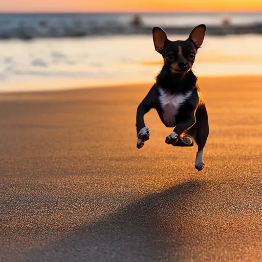 Image similar to high quality action photograph of a black and tan chihuahua running along a beach at sunset, boats in the background, golden hour, beautiful light, seaside, seashore, 2 0 0 mm, f 4, canon, nikon, flickr, 5 0 0 px, behance, award winning photograph