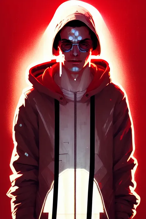 Image similar to cyberpunk synth, hyper - realistic portrait of a man in a white and red hoodie, cyberpunk, by atey ghailan, by greg rutkowski, by greg tocchini, by james gilleard, by joe fenton, by kaethe butcher, dynamic lighting, gradient light blue, brown, blonde cream and white color scheme, grunge aesthetic