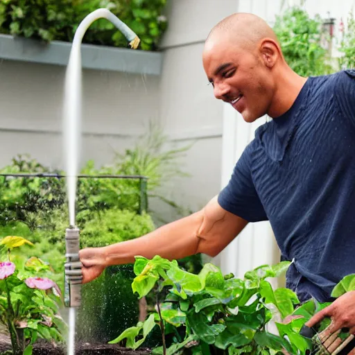 Prompt: a realistic photograph of Crazetopher David Blazing III watering his plants at the Golden hour for home and gardens magazine