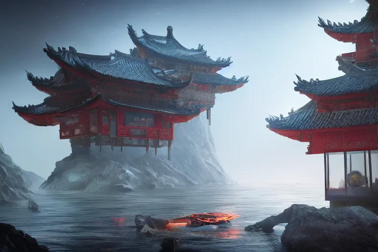 Image similar to floating chinese houses in alien planet, high - tech space cult, dramatic lighting, epic, octane render, volumetric light, unreal engine, artbreeder, 8 k, background, scene, digital, artwork, high quality, 8 k