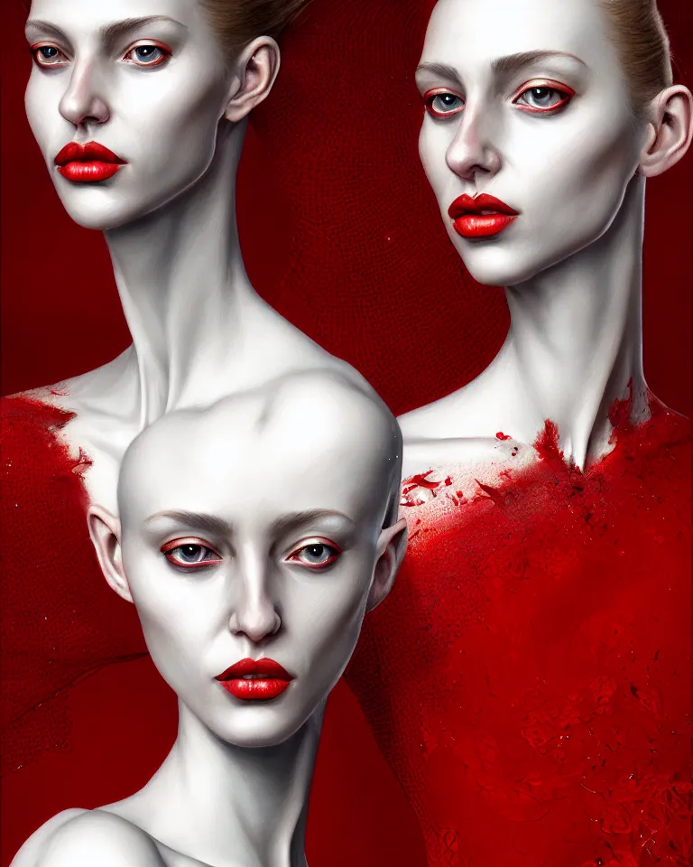 Image similar to epic professional digital portrait of gorgeous thin white woman, perfect face, armoured red dress, painted, intricate, detailed, by wayne haag, reyna rochin, iris van herpen, artstation, cgsociety, epic, stunning, gorgeous, much wow.